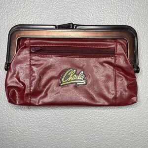 Vintage Charlie Perfume Cosmetic Clutch Bag Kiss Lock Maroon Vinyl Brown Trim